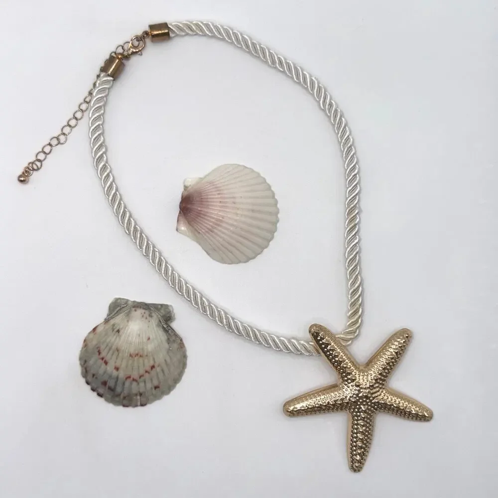 Gold Starfish Pendant Nautical Rope Statement Necklace